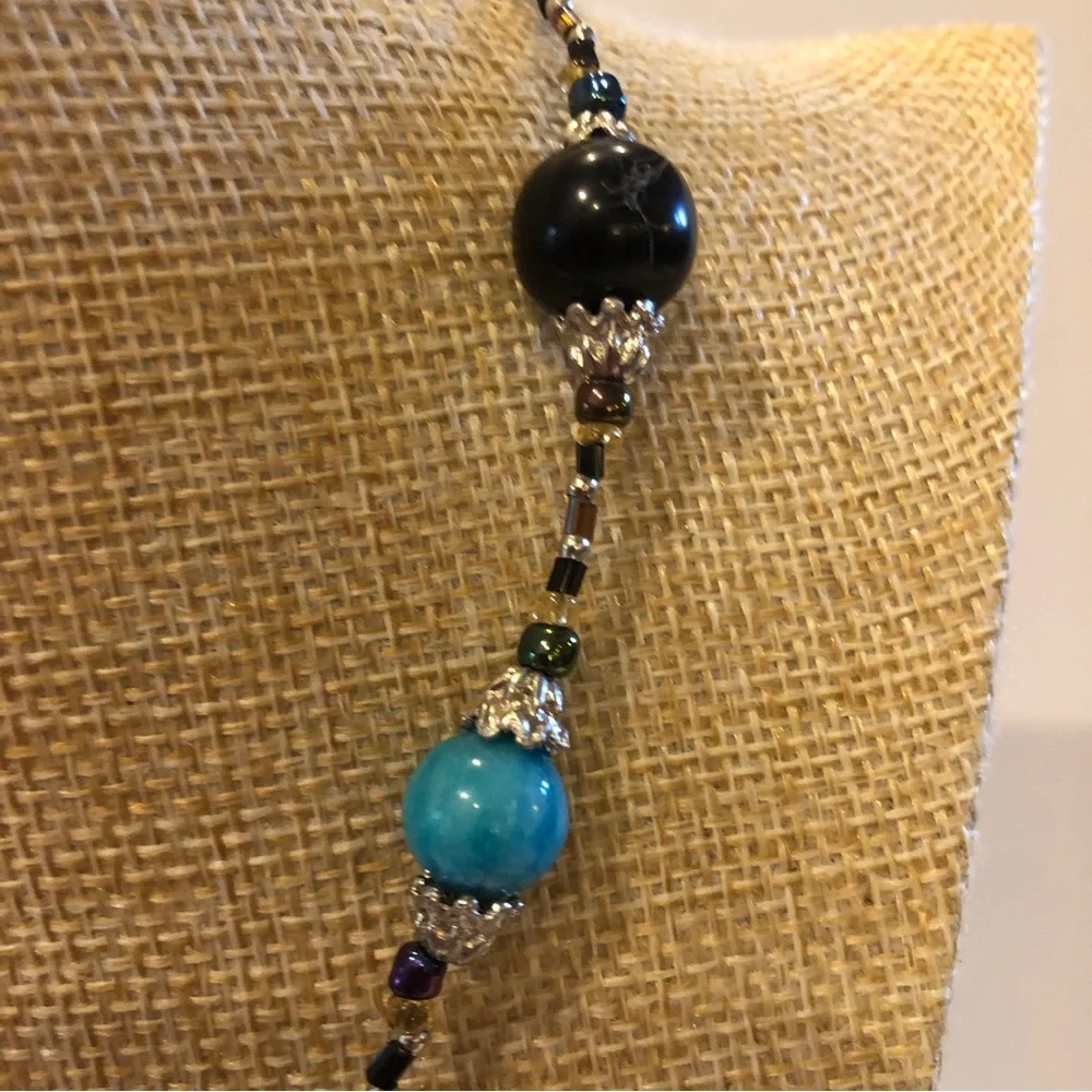 NWT Calypso Studios Necklace Handmade art glass black & teal w/ tigers eye chips - Picture 3 of 8